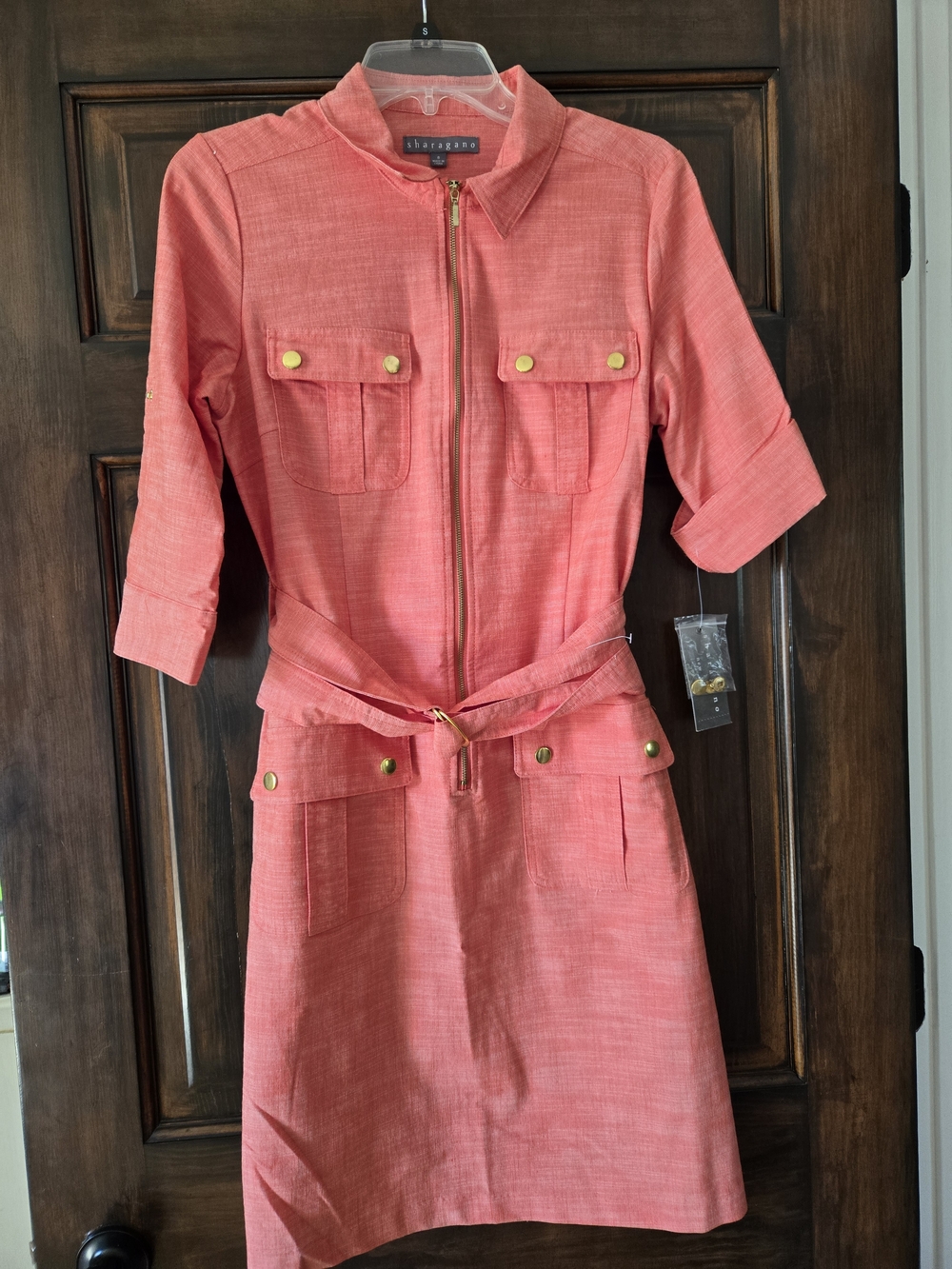 Sharagano Coral Pink Utility Shirt Dress with Gold Buttons
